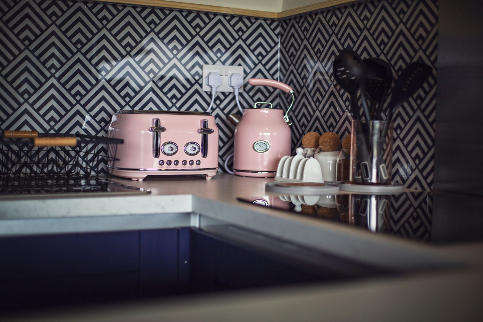 Pink kettle and toaster in The Meadow kitchen
